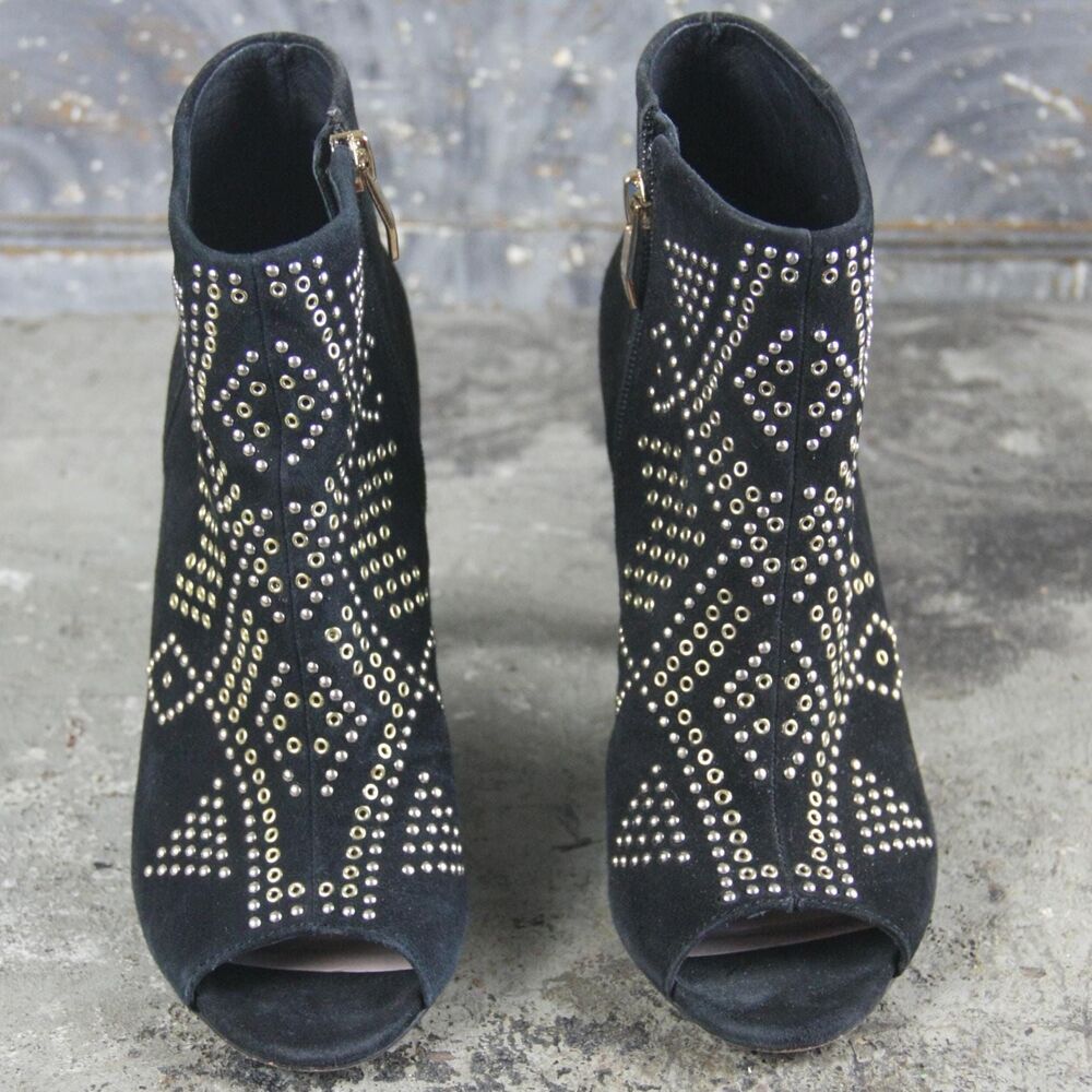 Vince Camuto Kanster Studded Peep Toe Zipped Bootie in black suede, size 6 1/2M